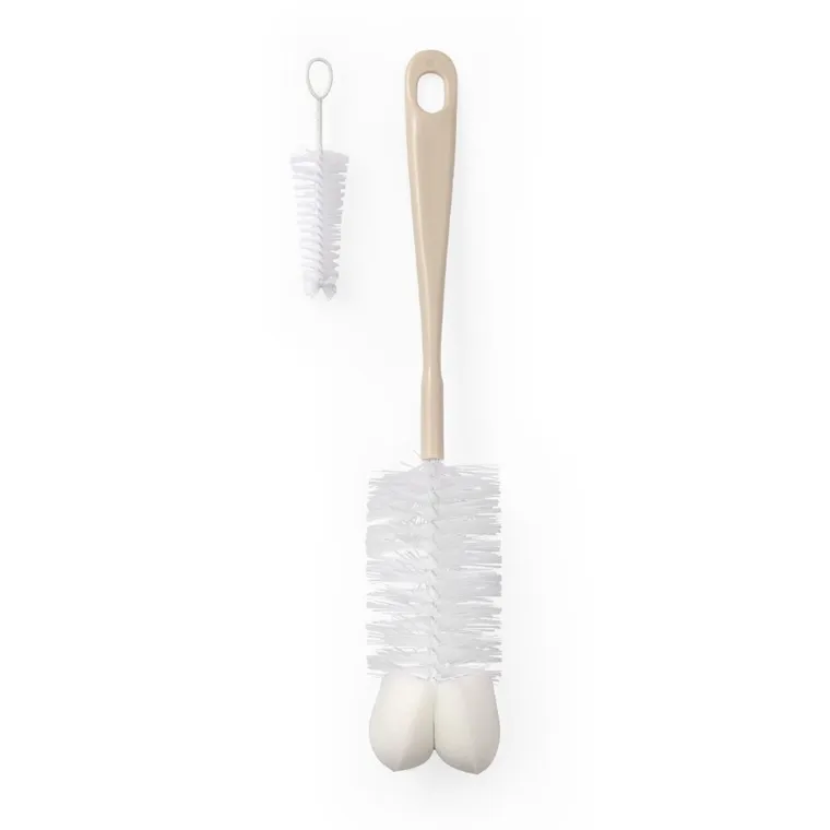 BabyOno, szczotka do butelek i smoczków z gąbką i mini szczoteczką, beżowa