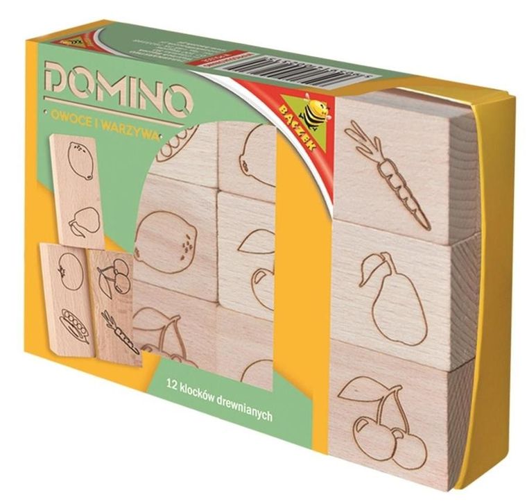 Bączek, domino drewniane, owoce i warzywa