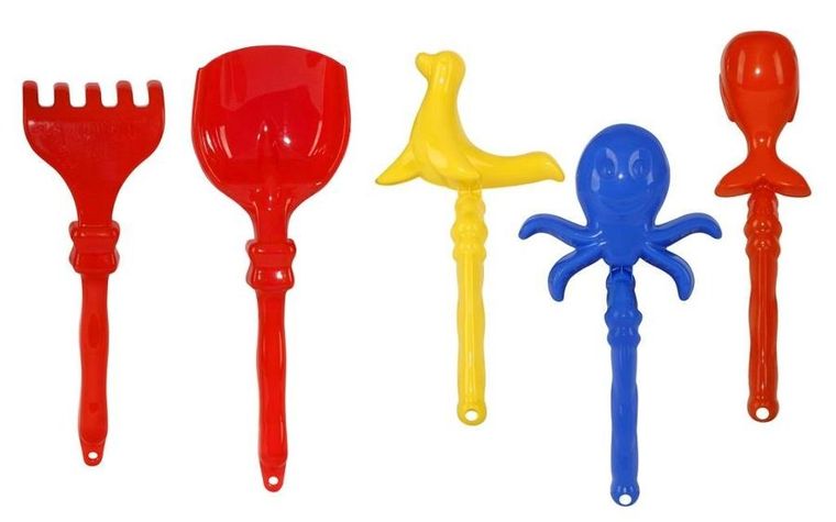 Baczek, zestaw do piasku, grabki, łopatka, foremki