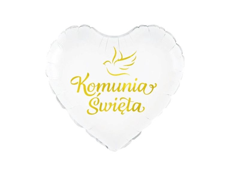 Balon foliowy, Komunia Święta, serce białe z gołębiem, 45 cm