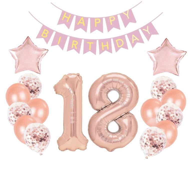 Balony foliowe, grilanda, 18 urodziny, zestaw, różowe, rose gold, 16 szt.
