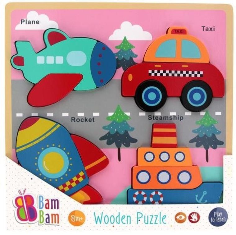 Bam Bam, układanka drewniana, pojazdy