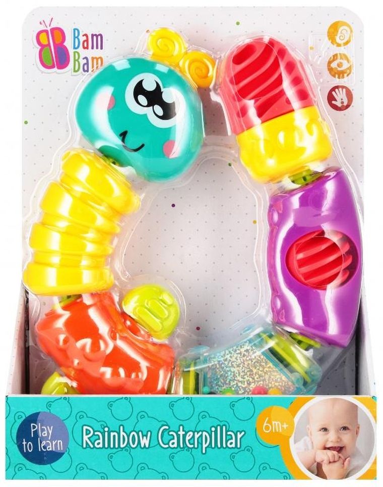 Bam Bam, zabawka sensoryczna, grzechotka, gąsienica