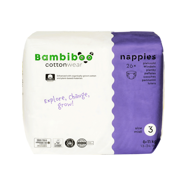 Bambiboo, Cottonwear, jednorazowe pieluszki, bawełna organiczna, rozmiar 3, 6-11 kg, 26 szt.
