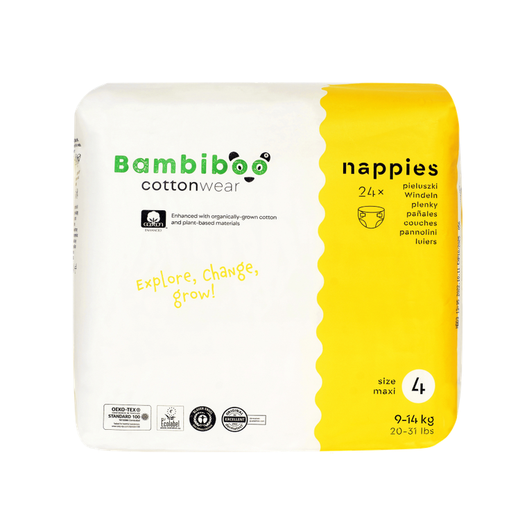 Bambiboo, Cottonwear, jednorazowe pieluszki, bawełna organiczna, rozmiar 4, 9-14 kg, 24 szt.