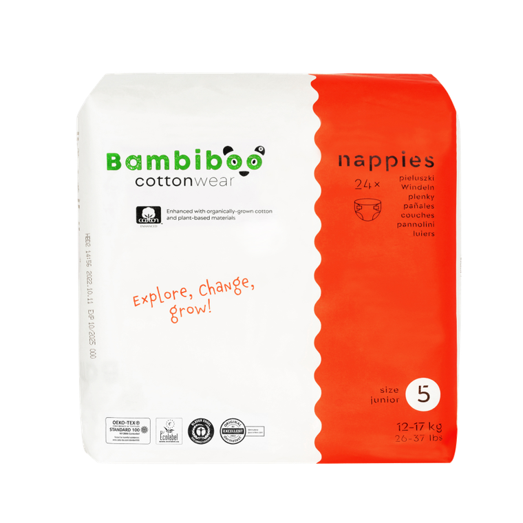 Bambiboo, Cottonwear, jednorazowe pieluszki, bawełna organiczna, rozmiar 5, 12-17 kg, 24 szt.