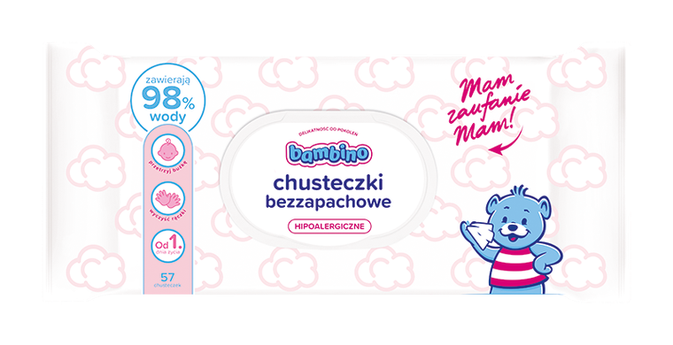 Bambino, chusteczki bezzapachowe z zamknięciem do buzi i rączek, 57 szt.