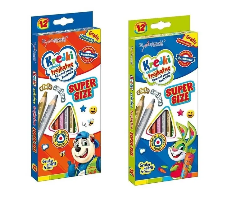 Bambino, kredki szkolne trójkątne, super size, 12 kolorów + temperówka