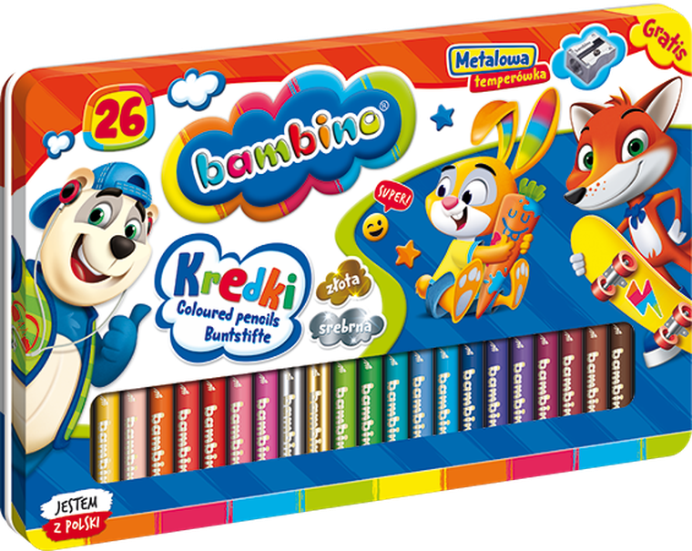 Bambino, kredki w oprawie drewnianej 26 kolorów + temperówka, pudełko metalowe