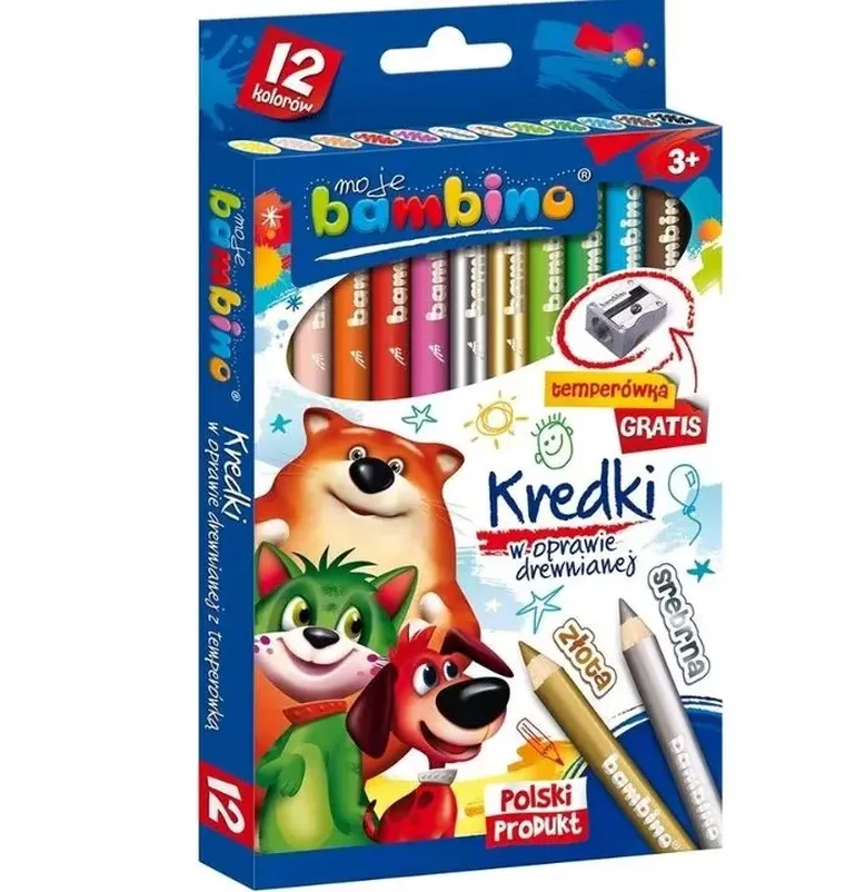 Bambino, kredki w oprawie drewnianej z temperówką, 12 kolorów