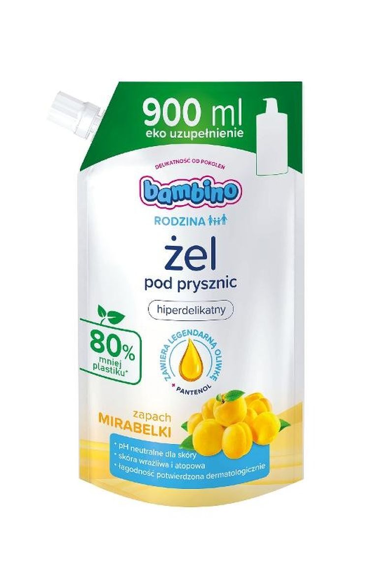 Bambino, rodzina, żel pod prysznic hiperdelikatny o zapachu mirabelki, zapas, 900 ml
