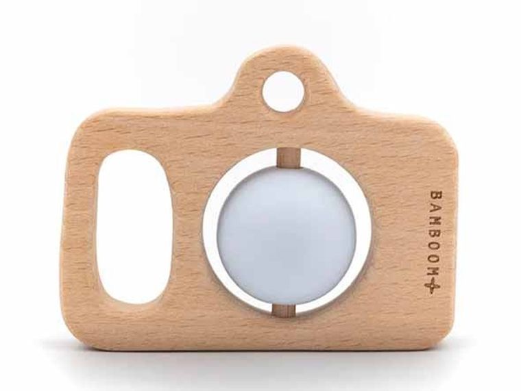 Bamboom, aparat, zabawka drewniana, silikon niebieski