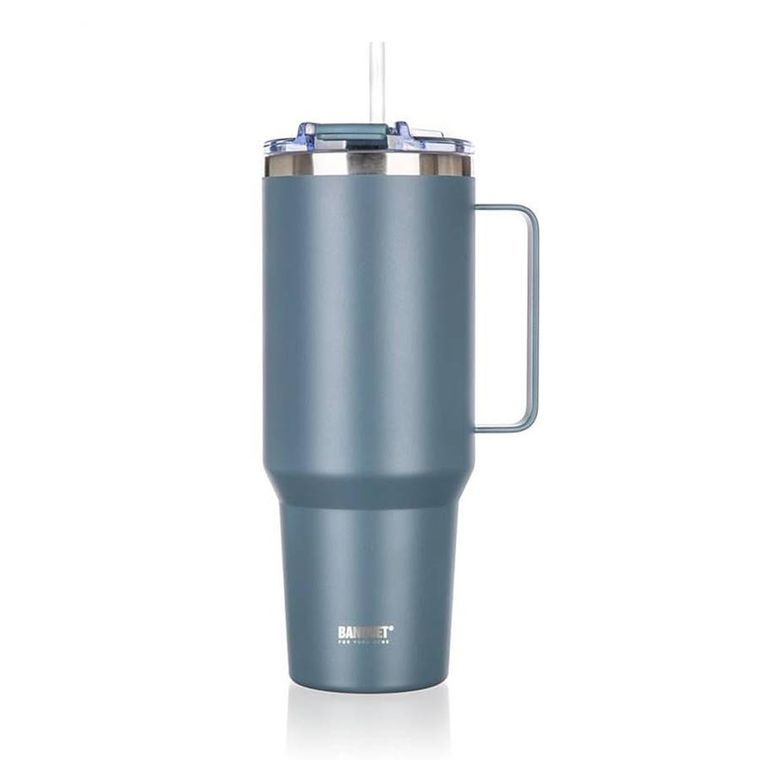 Banquet, Twain, stalowy kubek termiczny, termos z rączką i słomką, szary, 1200 ml