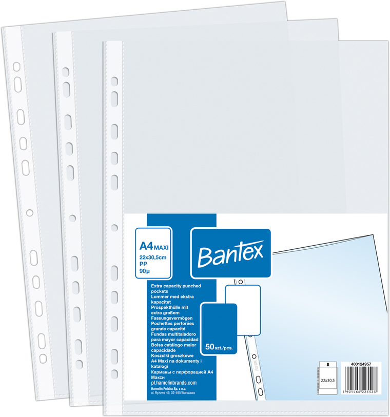 Bantex, koszulka groszkowa, A4, PP, 90 MIC. Poszerzana, 50 szt.