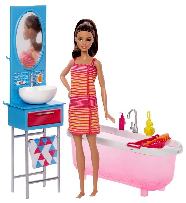 Barbie, Miniłazienka, zestaw z lalką i akcesoriami