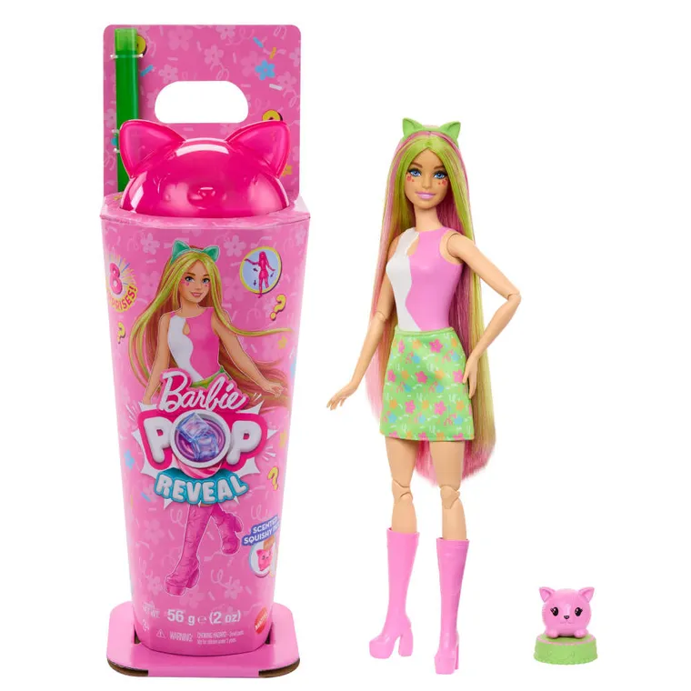 Barbie, Pop Reveal, pachnąca lalka kotek i figurka zwierzątka, zestaw z niespodziankami