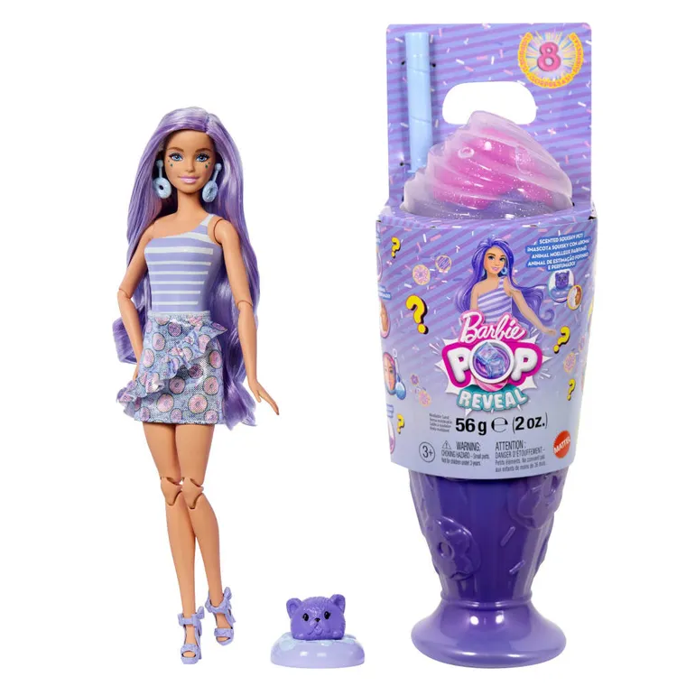 Barbie, Pop Reveal, Stylowy deser, Pączek, lalka z akcesoriami, zestaw fioletowy