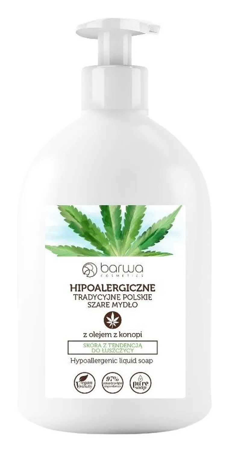 Barwa hipoalergiczna, mydło w płynie, tradycyjne, polskie, szare, z olejem z konopi, 500 ml