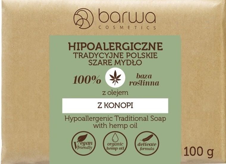 Barwa hipoalergiczna, tradycyjne polskie mydło szare z olejem z konopii, 100g