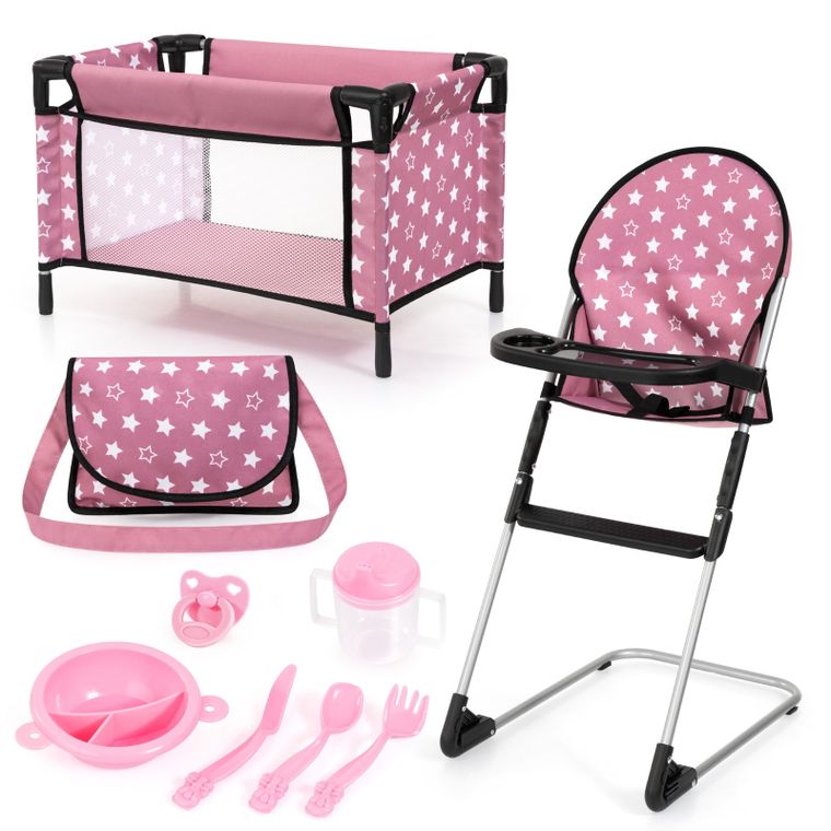 Bayer Design, zestaw podróżny dla lalek: łóżeczko turystyczne, krzesełko do karmienia, torba, akcesoria, 9w1, różowy