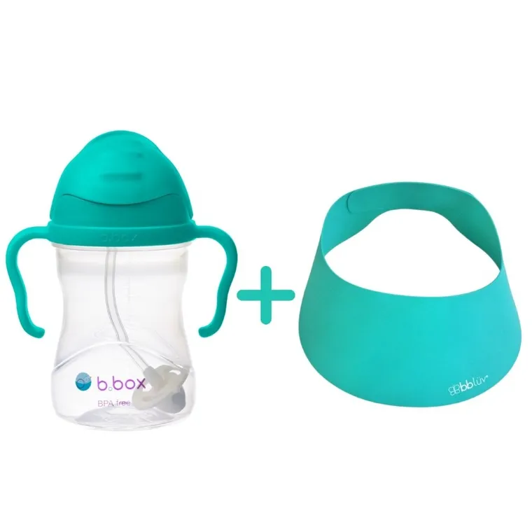 b.box, zestaw bidon ze słomką, morski, 240 ml + BBluv, Kap, daszek kąpielowy, niebieski
