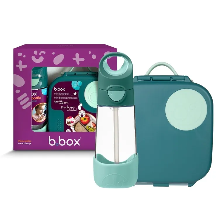 b.box, zestaw: mini lunchbox + butelka tritanowa ze słomką, 450 ml, Emerald Forest