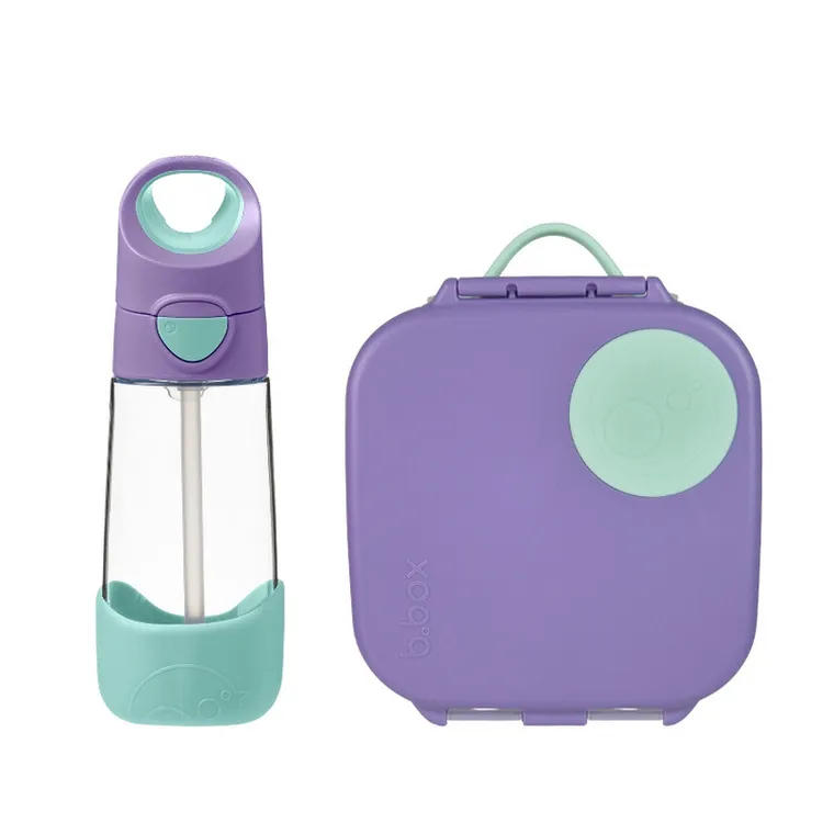b.box, zestaw mini lunchbox + butelka tritanowa ze słomką, 450 ml, Lilac Pop
