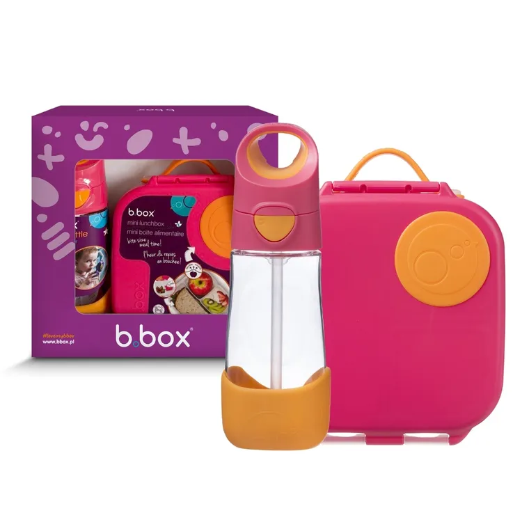 b.box, zestaw mini lunchbox + butelka tritanowa ze słomką, 450 ml, Strawberry Shake
