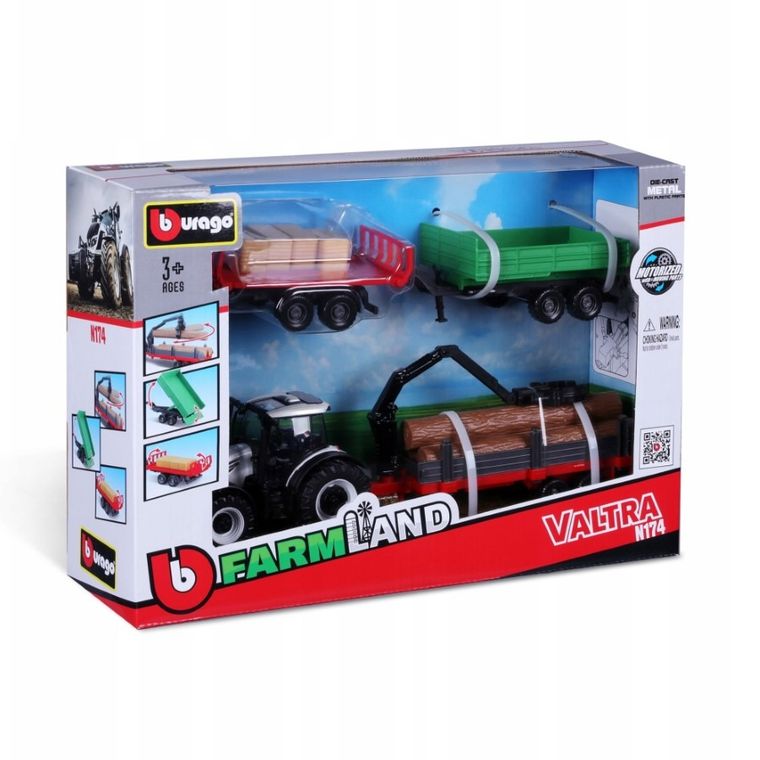 Bburago, Farm Land, traktor z 3 przyczepami, 10 cm