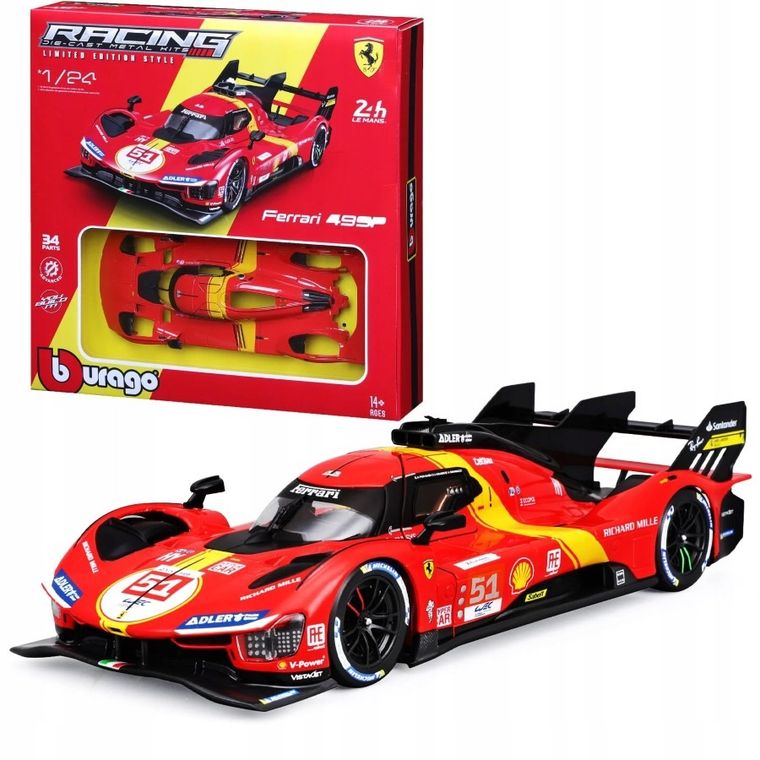 Bburago, Ferrari Racing Model Kit, 488 Challenge, 499P LMH, pojazd sportowy, 1:24, 1 szt.