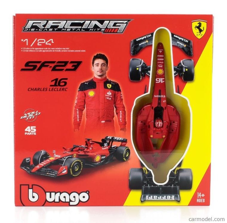 Bburago, Ferrari SF-23 Charles Leclerc, Bolid F1, model pojazdu do złożenia, 1:24