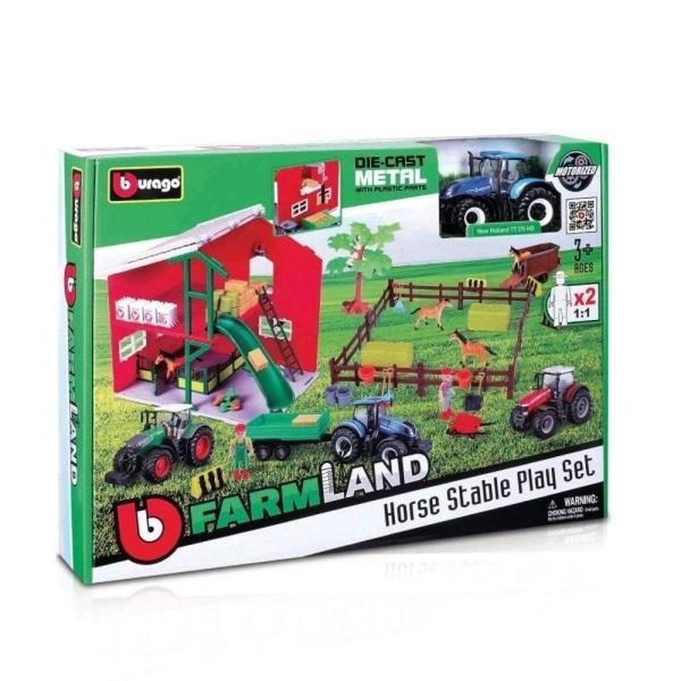 Bburago, Horse Stable Playset, traktor z zagrodą dla koni