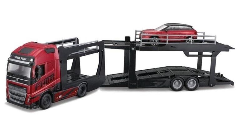 Bburago, laweta Volvo FH16 + pojazd Land Rover, model metalowy, 1:43