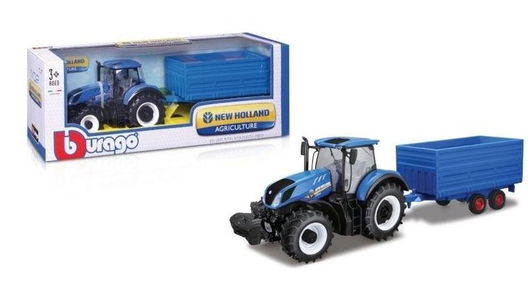 Bburago, New Holland T7.315, traktor z przyczepą i belami słomy, 1:32