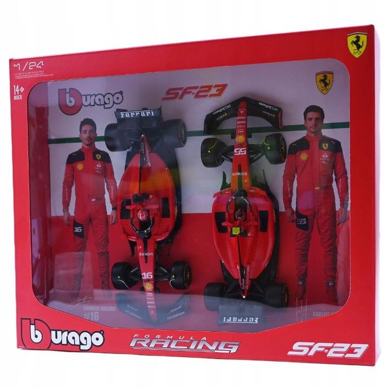 Bburago, Racing, Ferrari SF-23 Leclerc Sainz, zestaw bolidów F1, modele pojazdów, 1:24
