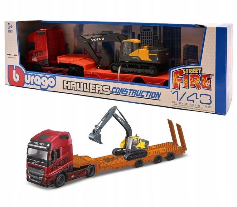 Bburago, Street Fire, Haulers Construction, Volvo FH16 Globetrotter EC220E, tir laweta z pojazdem budowlanym, 1:43