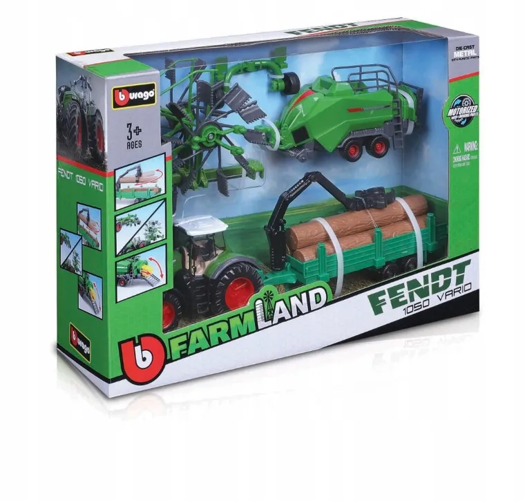 Bburago, Tractor Gift Set Fendt 1050 Varior, traktor z przyczepą i akcesoriami