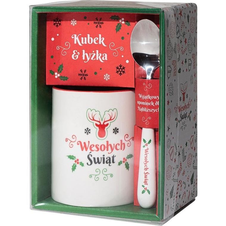 Be Happy, zestaw świąteczny, kubek, 300 ml i łyżeczka, Wesołych Świąt