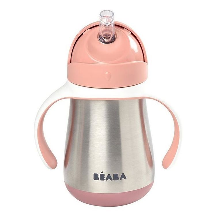 Beaba, butelka, kubek niekapek, stalowa, ze słomką, old pink, 250 ml