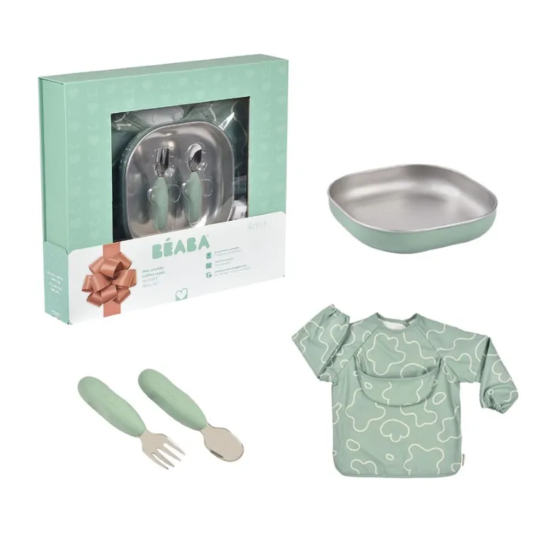 Beaba, First Meals 3w1, zestaw prezentowy: talerzyk + zestaw sztućców + śliniak, sage green