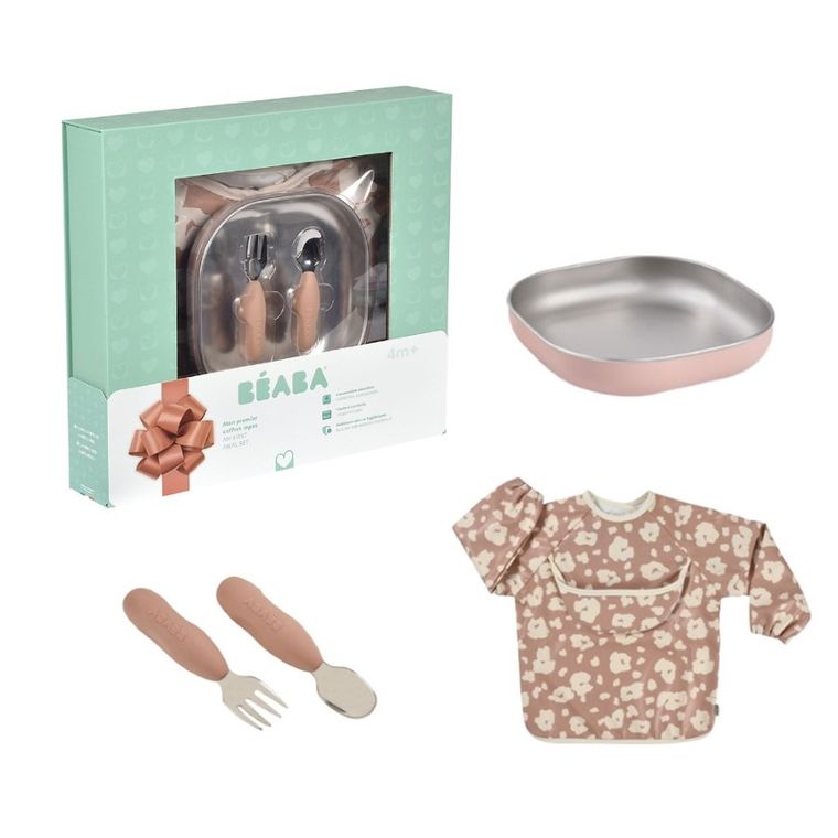 Beaba, First Meals 3w1, zestaw prezentowy: talerzyk + zestaw sztućców + śliniak, savannah bloom