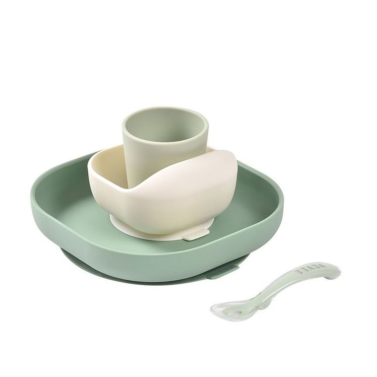 Beaba, komplet naczyń z silikonu z przyssawką, sage green