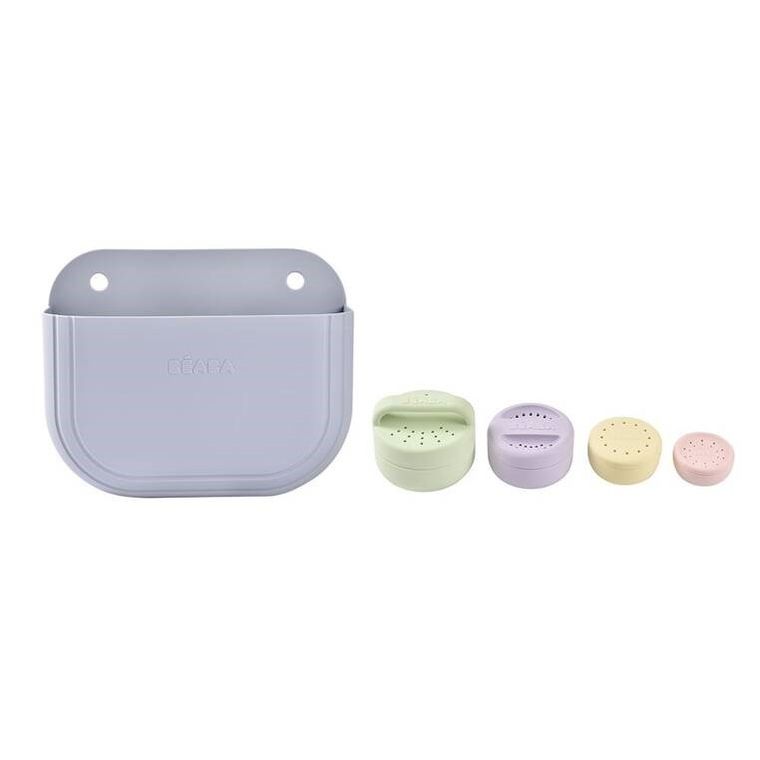 Beaba, silikonowy zestaw do kąpieli: zabawki Mint/multi colors i kosz do przechowywania Pebble