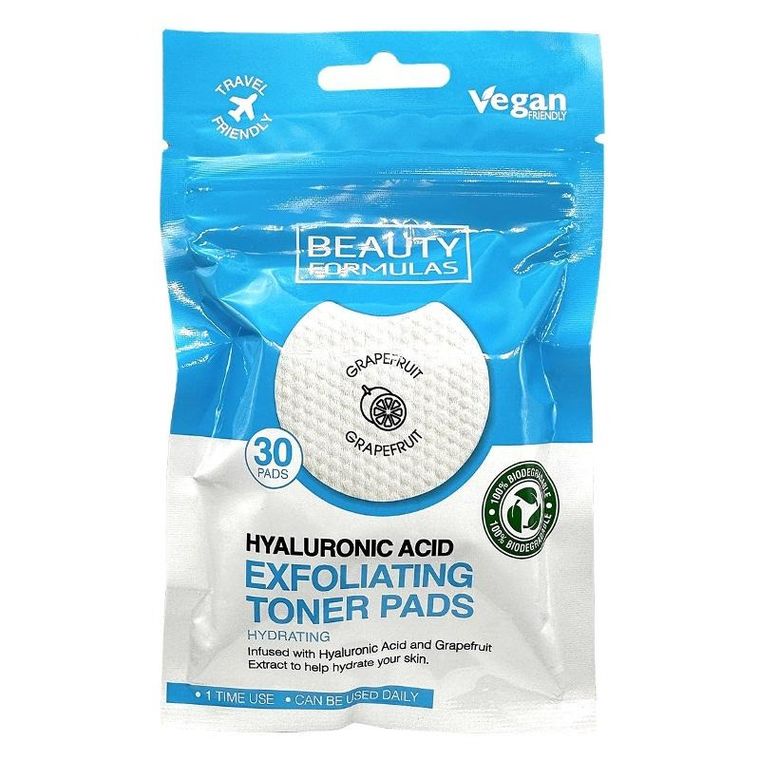 Beauty Formulas, Exfoliating Toner Pads, nasączone płatki złuszczające i nawilżające z kwasem hialuronowym, 30 szt.