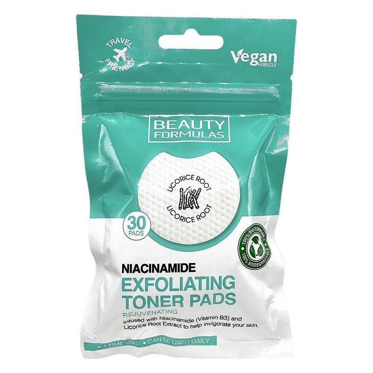 Beauty Formulas, Exfoliating Toner Pads, nasączone płatki złuszczające i odżywcze z niacynamidem, 30 szt.