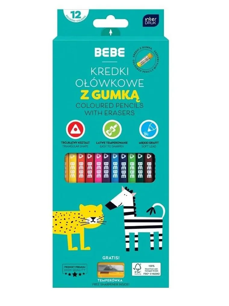 Bebe Kids, kredki ołówkowe, z gumką, 12 kolorów