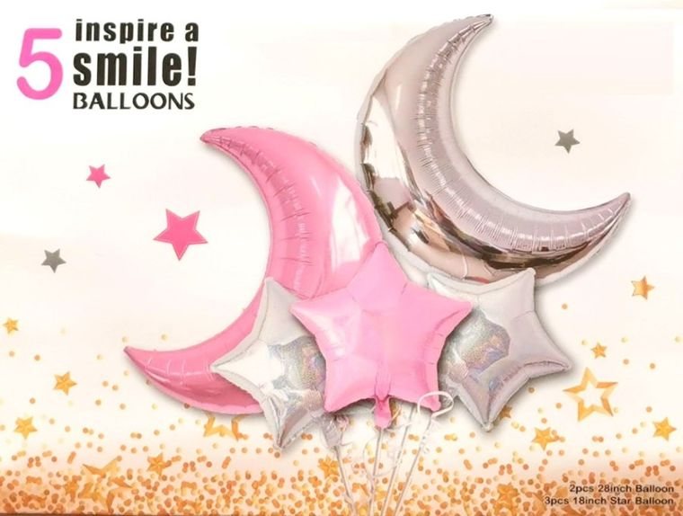 Belbal, zestaw balonów, księżyce i gwiazdki, różowy i srebrny, 5 szt.