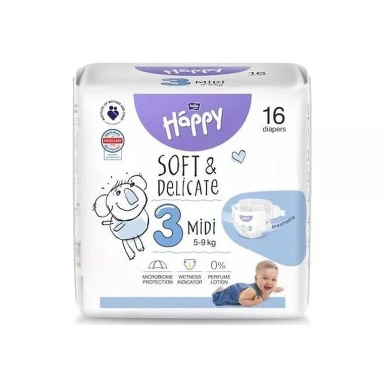 Bella, Baby Happy, pieluszki jednorazowe, rozmiar 3 mindi, 5-9 kg, 16 szt.