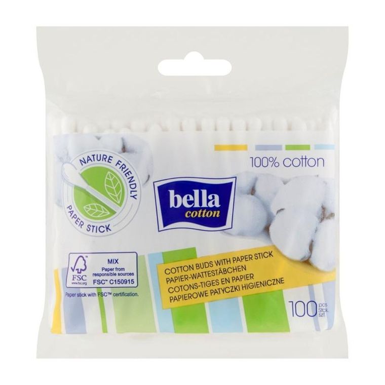Bella, Cotton, patyczki higieniczne papierowe w woreczku foliowym, 100 szt.
