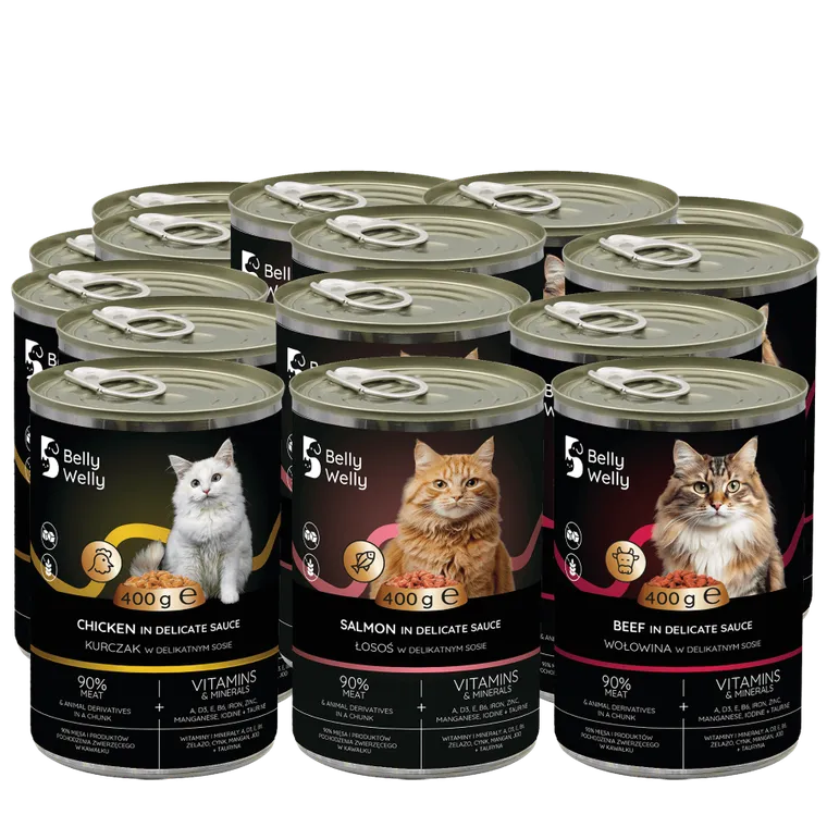 Belly welly, mokra karma mix dla kota, kurczak, wołowina, łosoś, 400g, 12 szt.